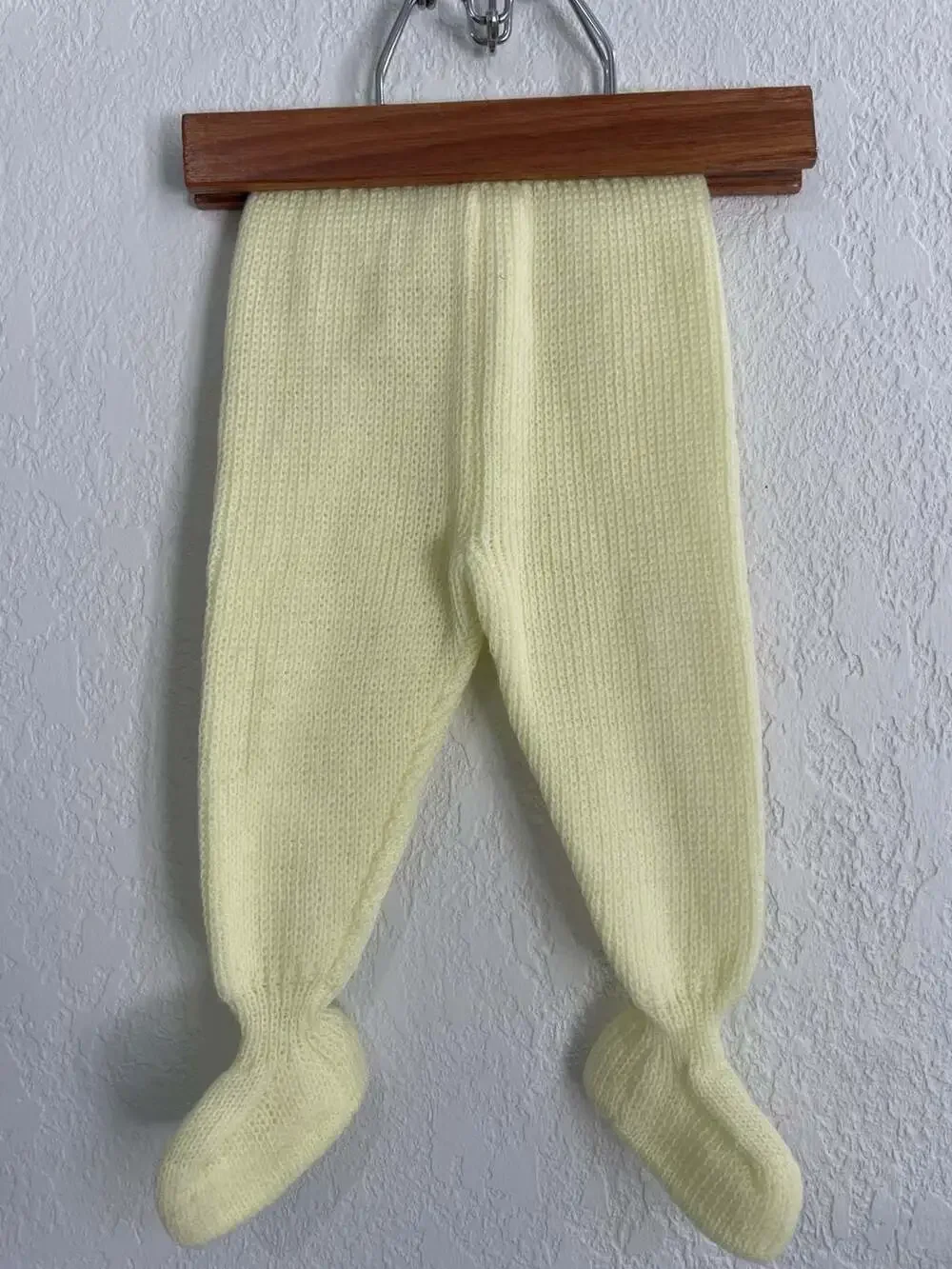 Vintage Yellow Knit Baby Sweater and Footed Pants Set with Floral Embroidery